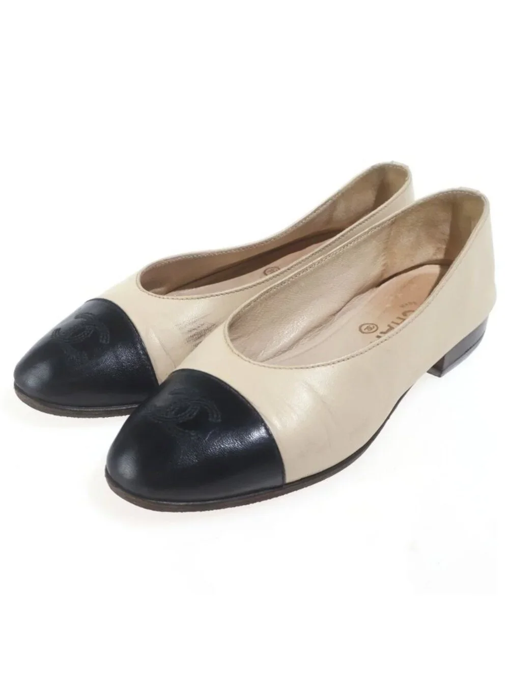 Chanel CC Logo Flat Shoes Pumps Leather Black Beige